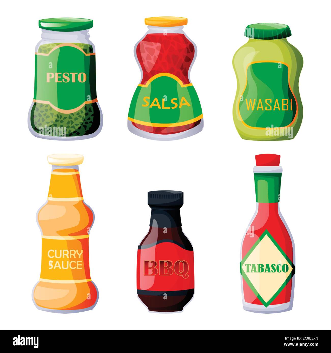Collection of sauces in jars and bottles. Vector illustration of grocery packaging. Cooking food icons and design elements, isolated on white backgrou Stock Vector