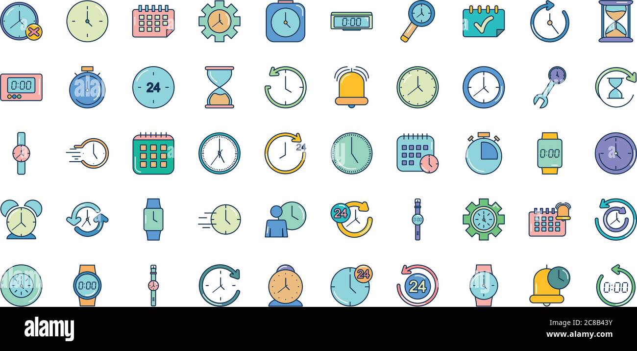 icon set of time concept over white background, line fill style, vector ...