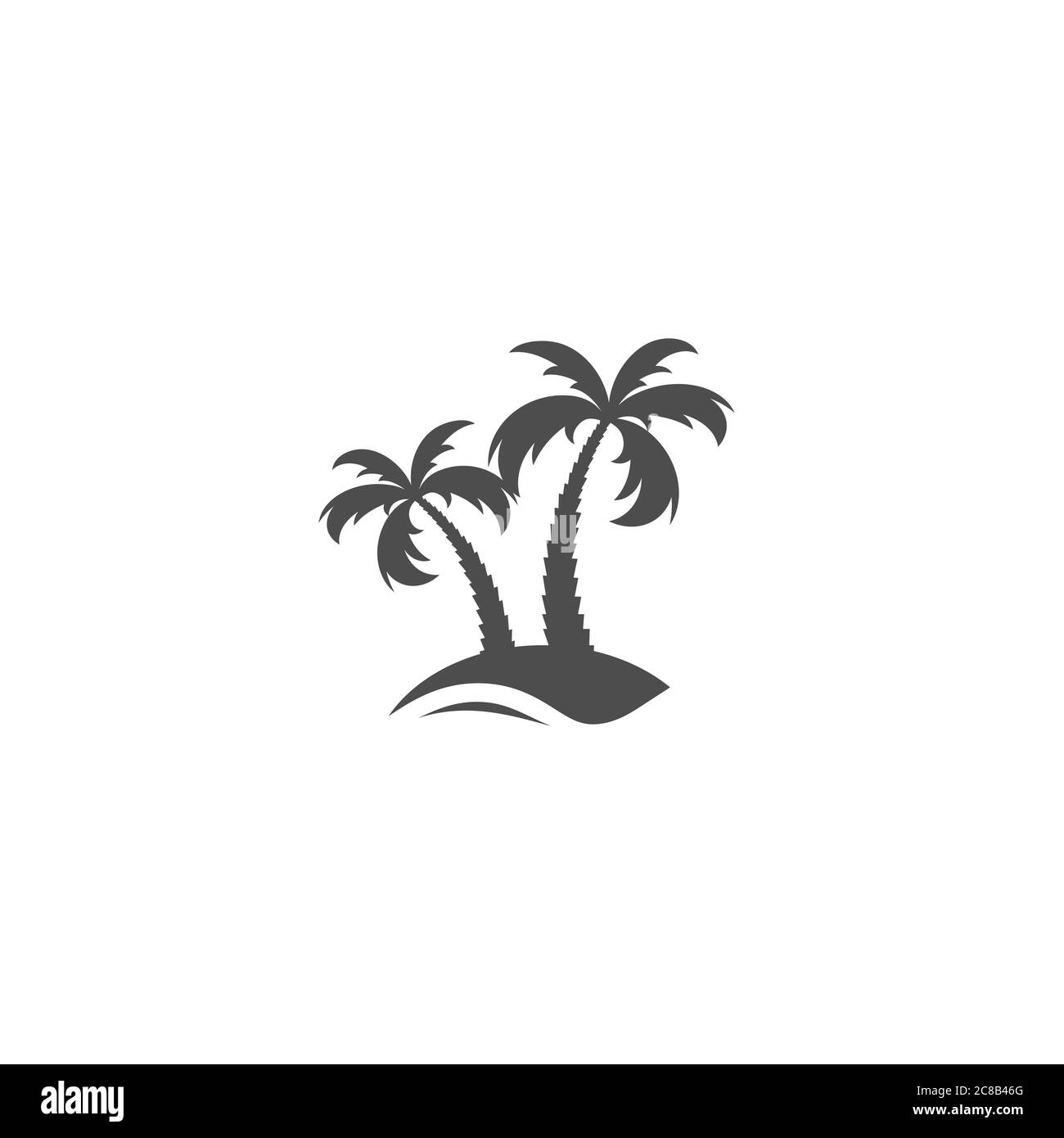 Black palm trees on little island with sun and ocean waves isolated on ...
