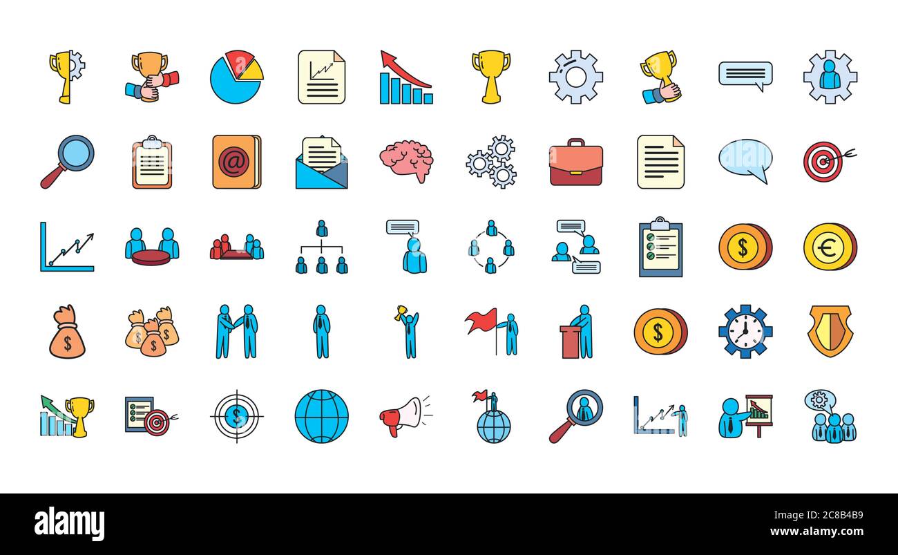 Business line and fill style icon set design, Management financial ...