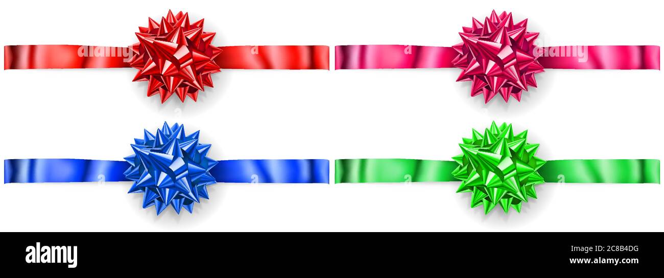 Set of multicolored bows made of shiny ribbon with shadows on white ...