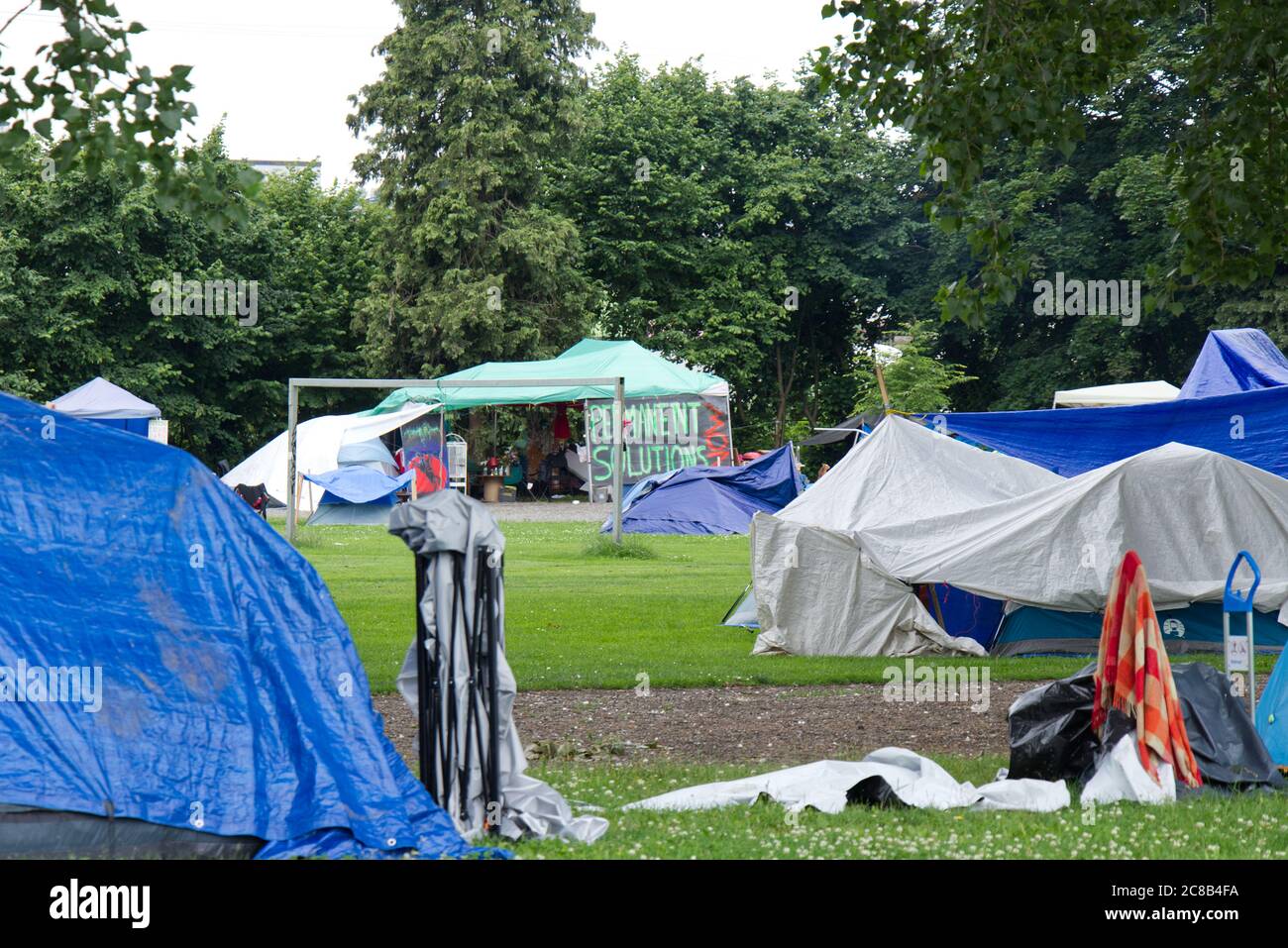 Vancouver, Canada July 4, 2020 View of Strathcona Park in downtown Vancouver full of tents