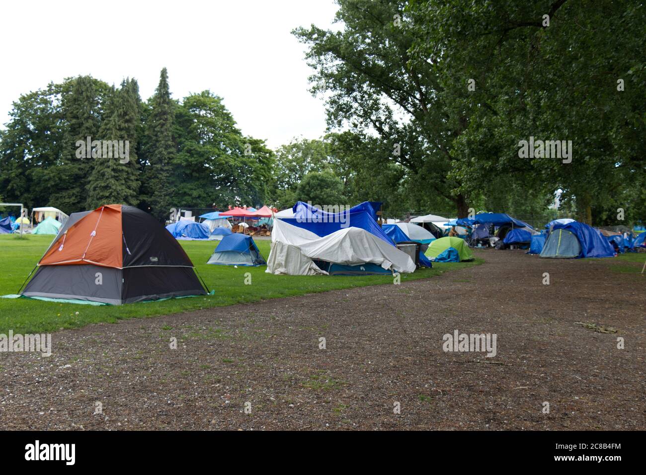 Vancouver, Canada - July 4,2020: View of Strathcona Park in downtown Vancouver full of tents and homeless people Stock Photo