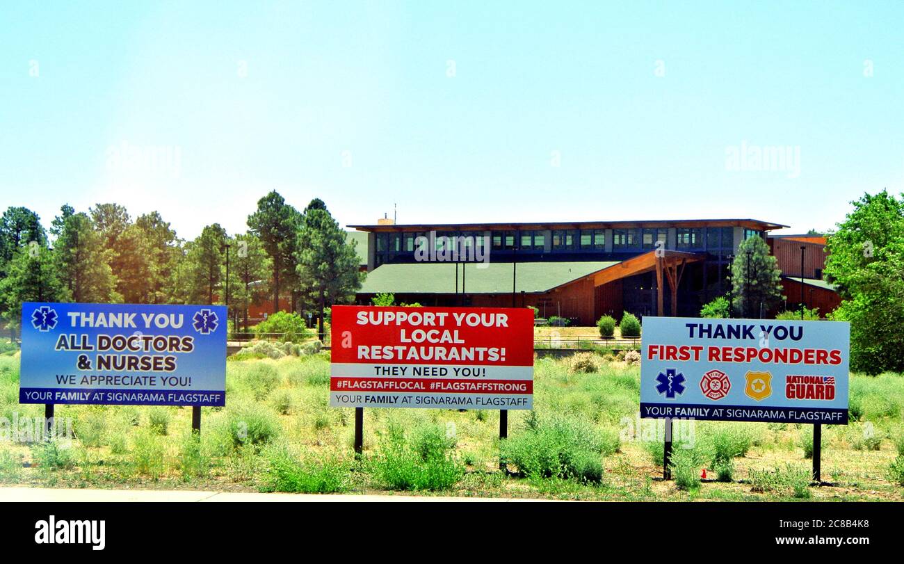 signs in flagstaff honoring nurses doctors restaudrant workers and first responders Stock Photo