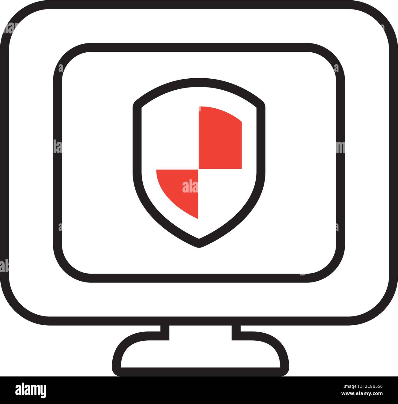 computer with shield icon on screen over white background, half line ...