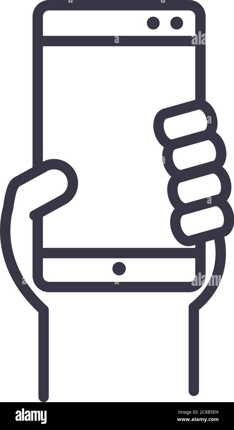 hand with smartphone device technology thin line style design icon ...