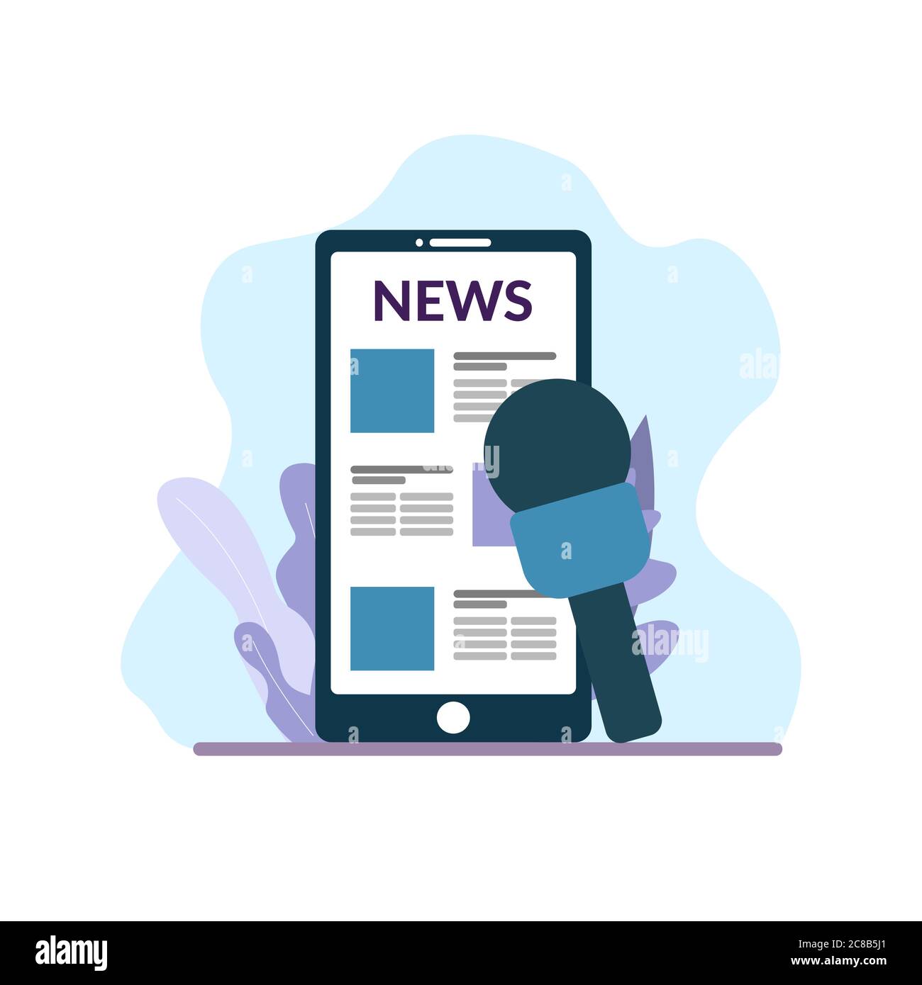 Online reading news. News on mobile phone and microphone for interview with decorations. Flat style illustration isolated on white background. Stock Vector