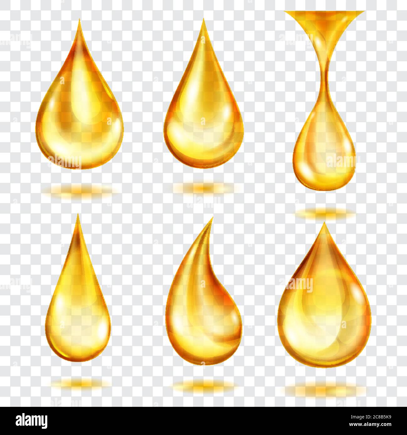 Set of translucent drops in yellow colors, isolated on transparent