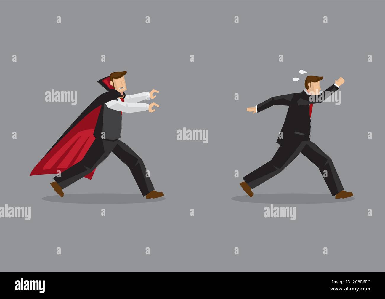 Funny scene of frightened man running away from a vampire hungry for blood. Creative vector illustration isolated on grey background. Stock Vector