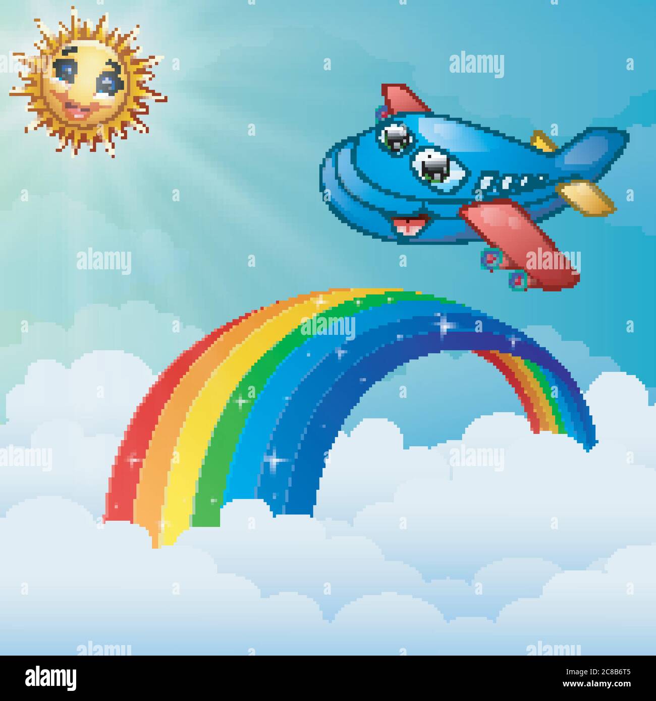 a plane character flying on the sky with rainbow and sun character ...
