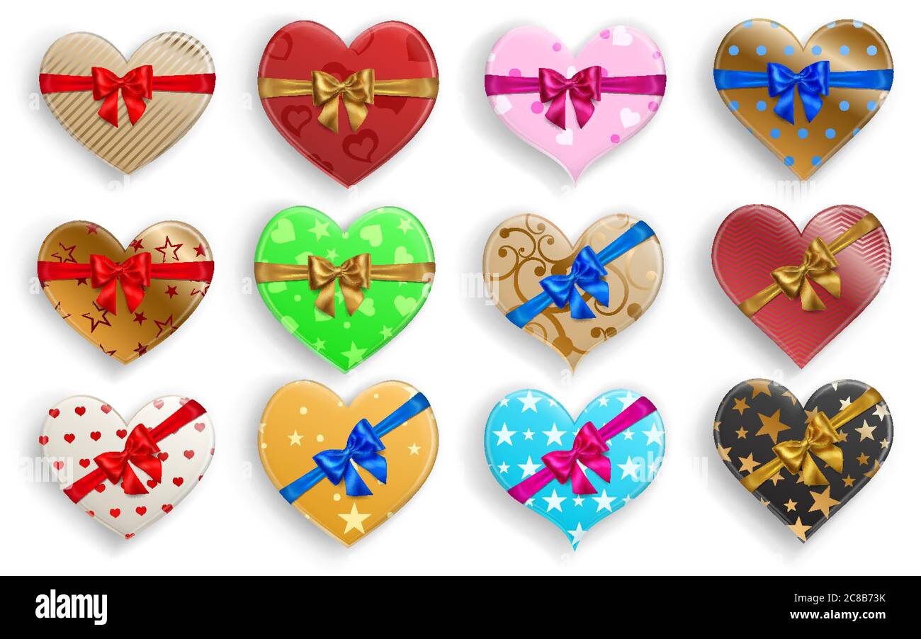 Set of heart shaped colorful gift boxes with ribbons, bows and various patterns Stock Vector