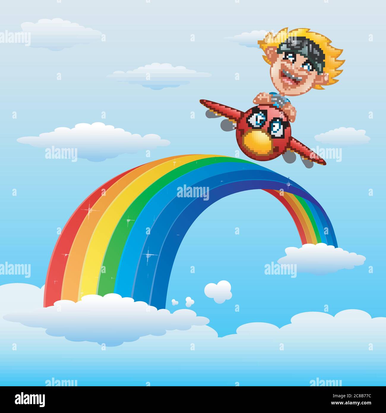 Happy little boy riding a plane in near rainbow Stock Vector Image ...