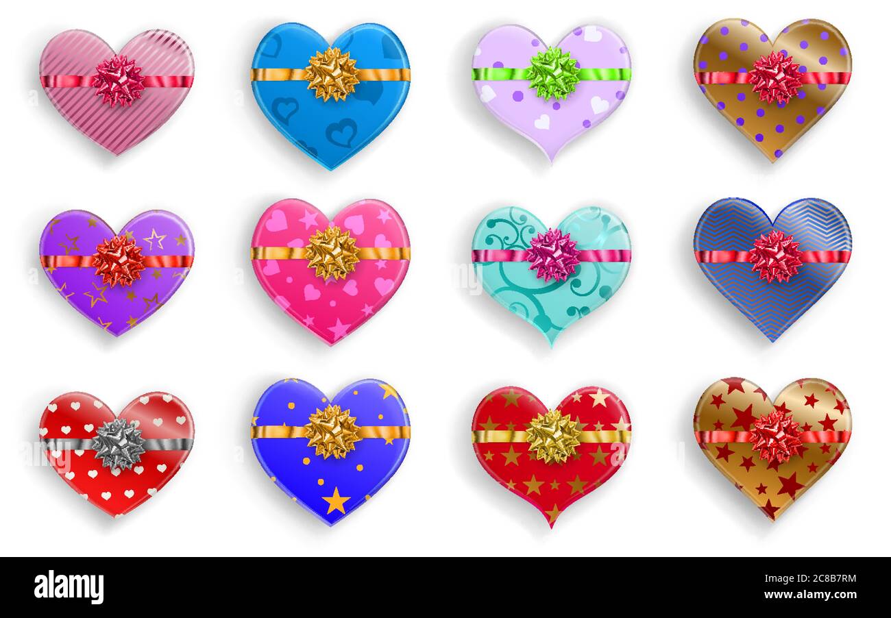 Set of heart shaped colorful gift boxes with ribbons, bows and various patterns Stock Vector