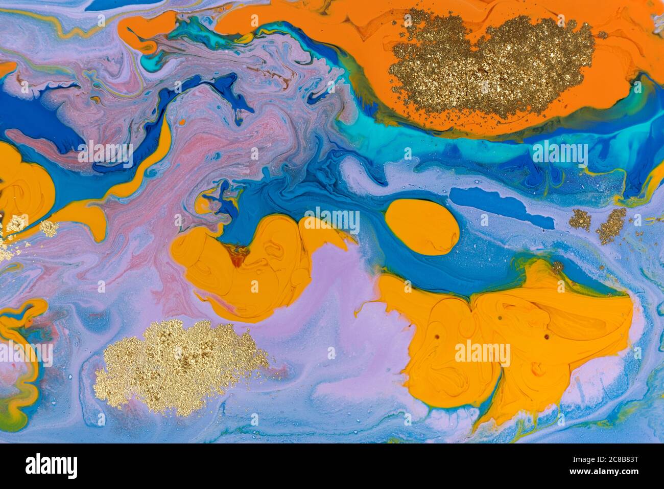 Blue and orange marbling liquid background. Fluid art abstract texture ...