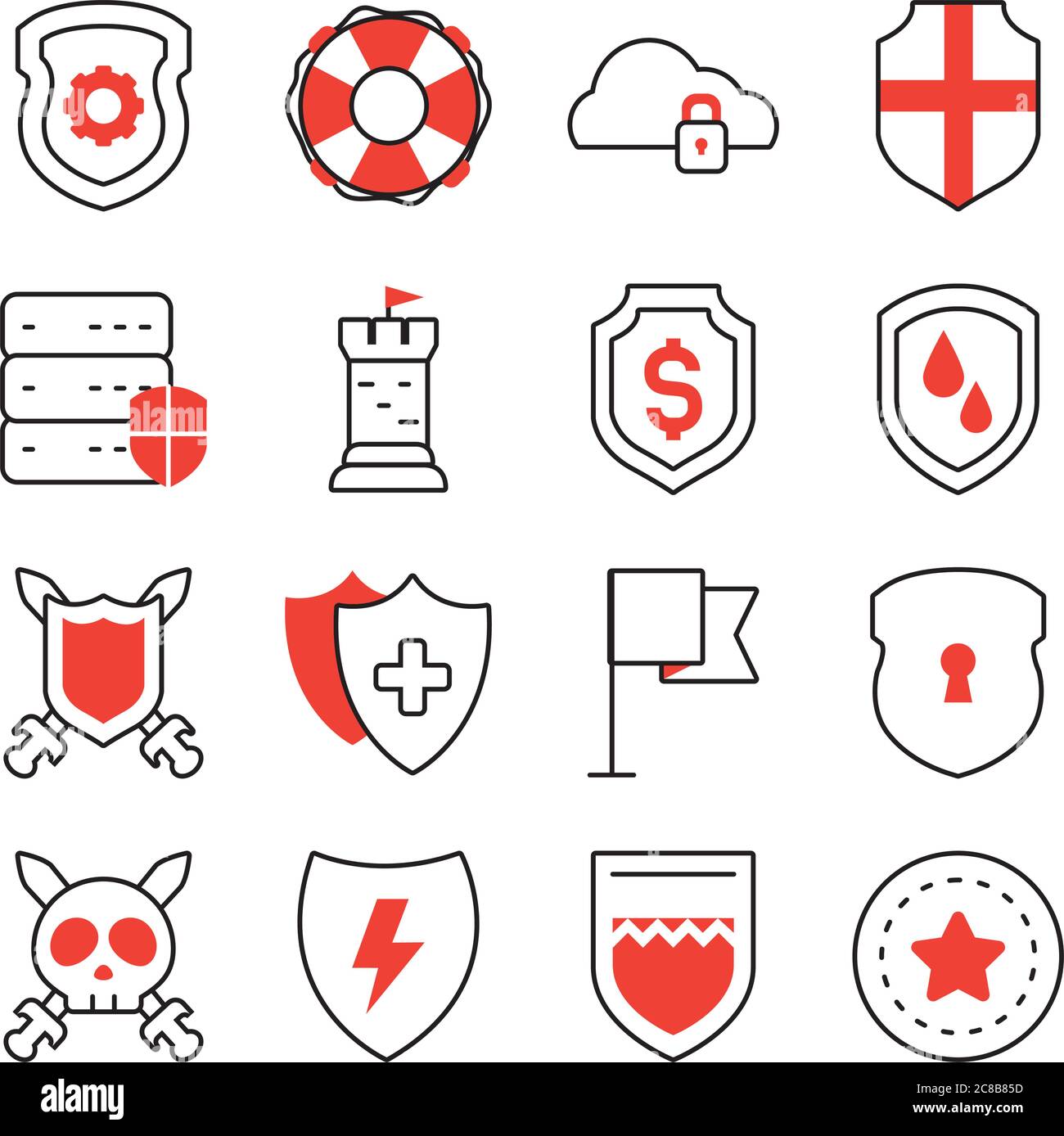 flag and shields icon set over white background, half line half color