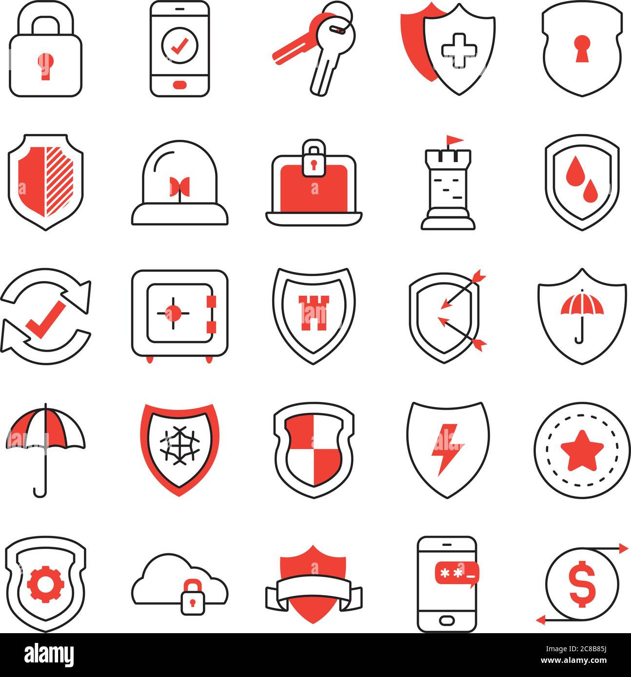 keys and shield icon set over white background, half line half color ...
