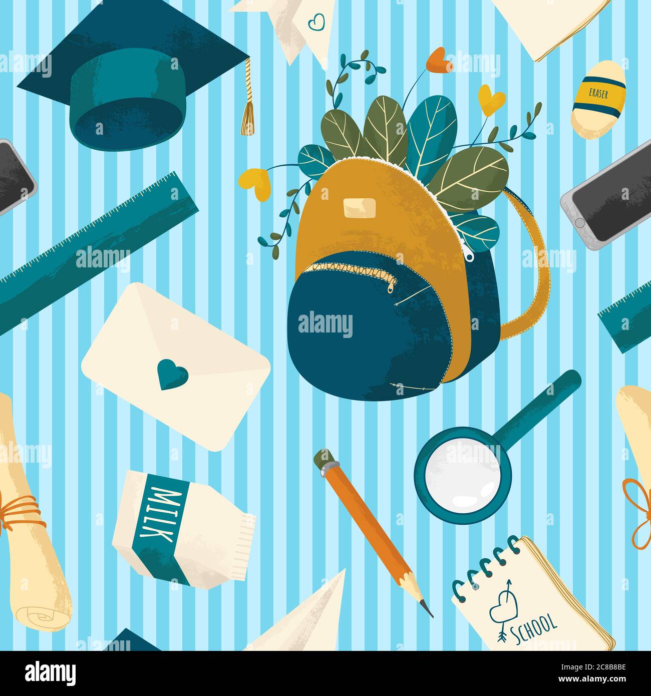 School supplies vector seamless pattern with texture. Back to school ...