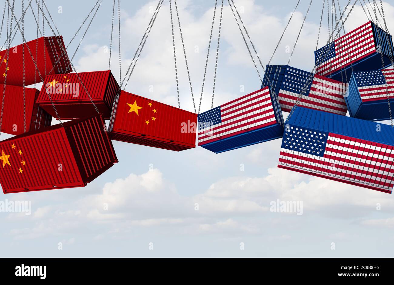 USA China trade war and American tariffs as opposing cargo freight containers in conflict as an economic and diplomatic dispute for imports exports. Stock Photo