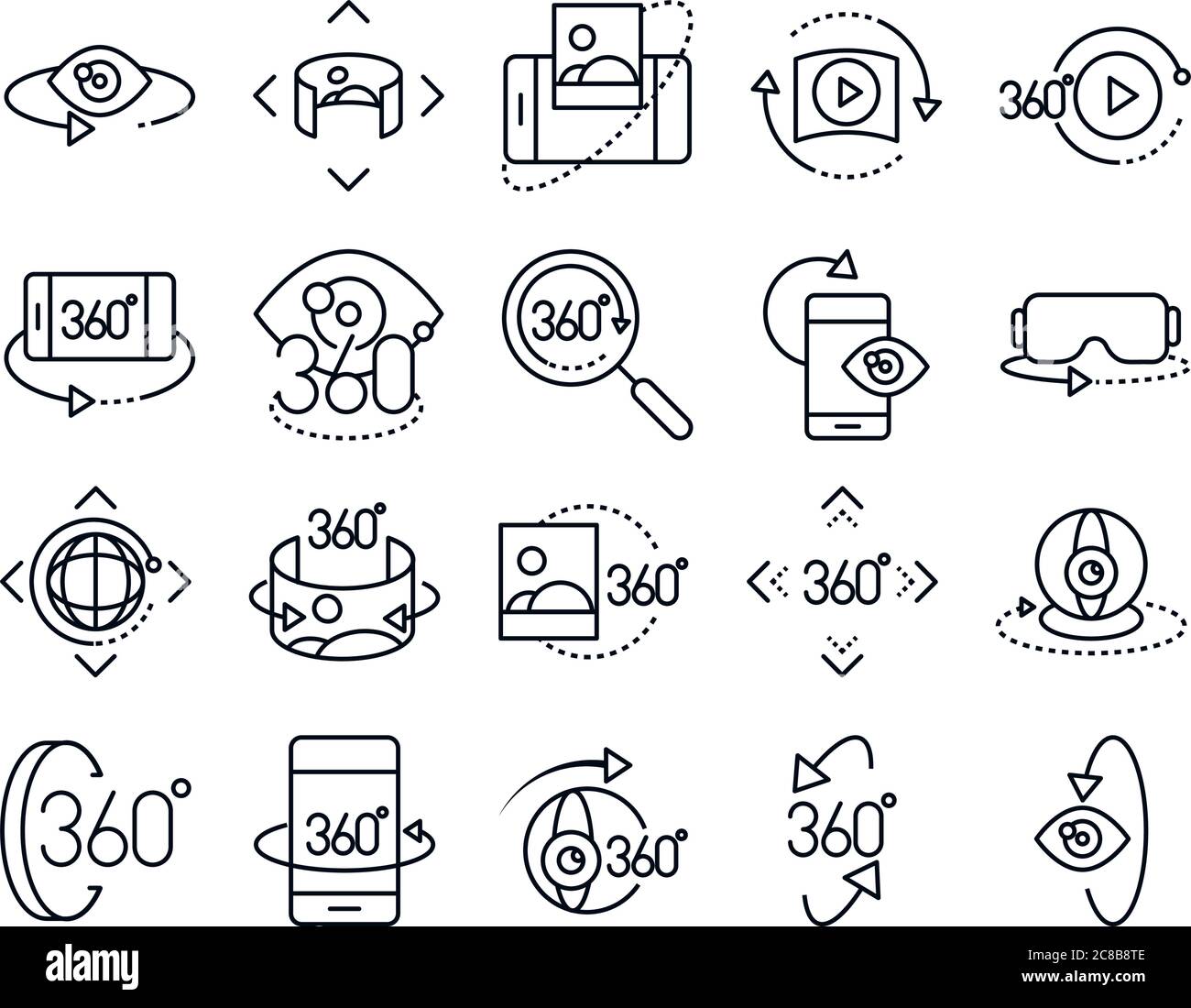 360 degree view virtual tour image panorama linear style icons set ...