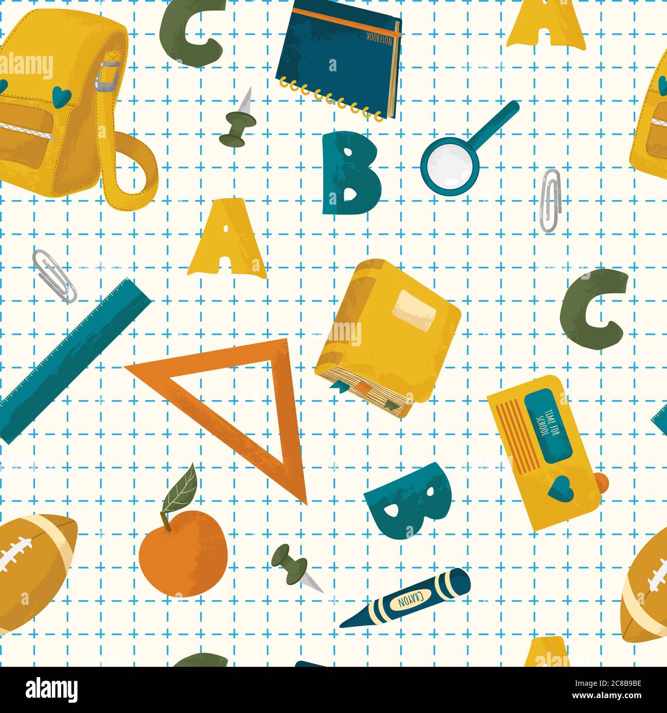School supplies vector seamless pattern with texture. Back to school ...