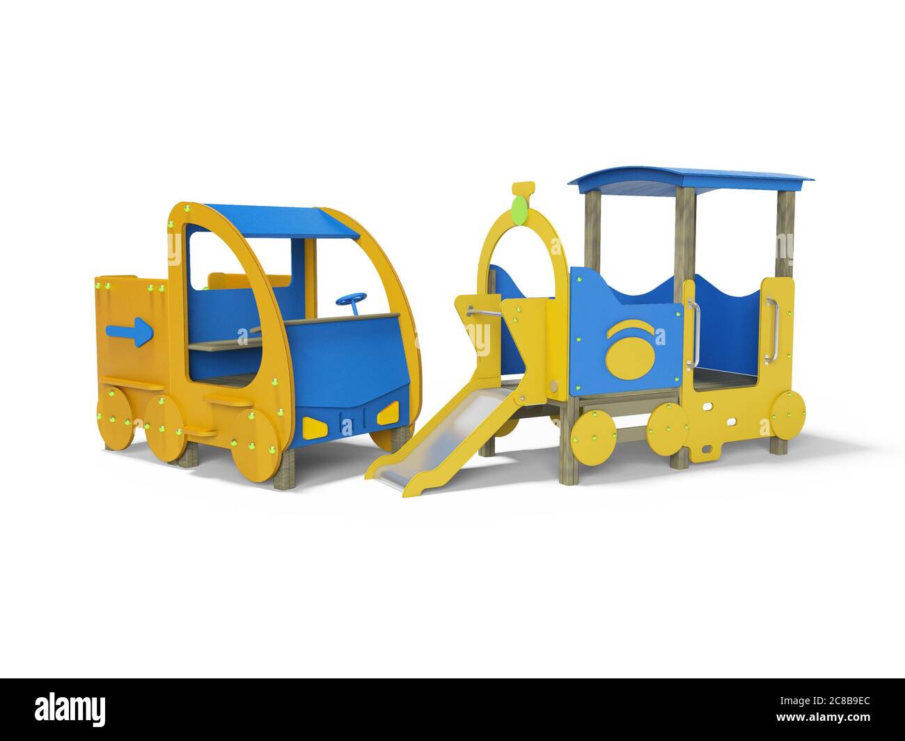 Blue and yellow car and train playground for kids 3d render on white
