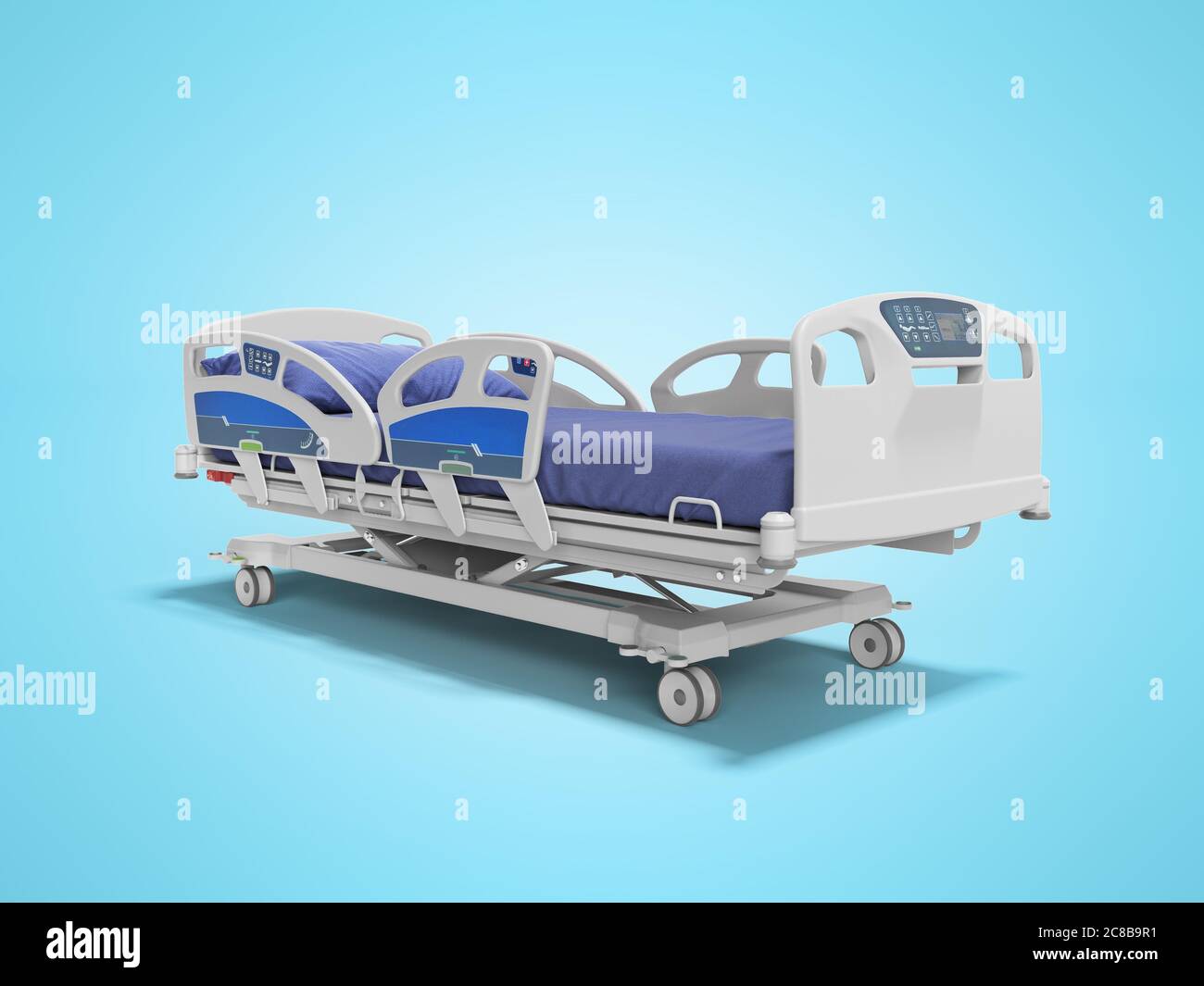 Concept blue hospital bed automatic with control panel on the side and ...