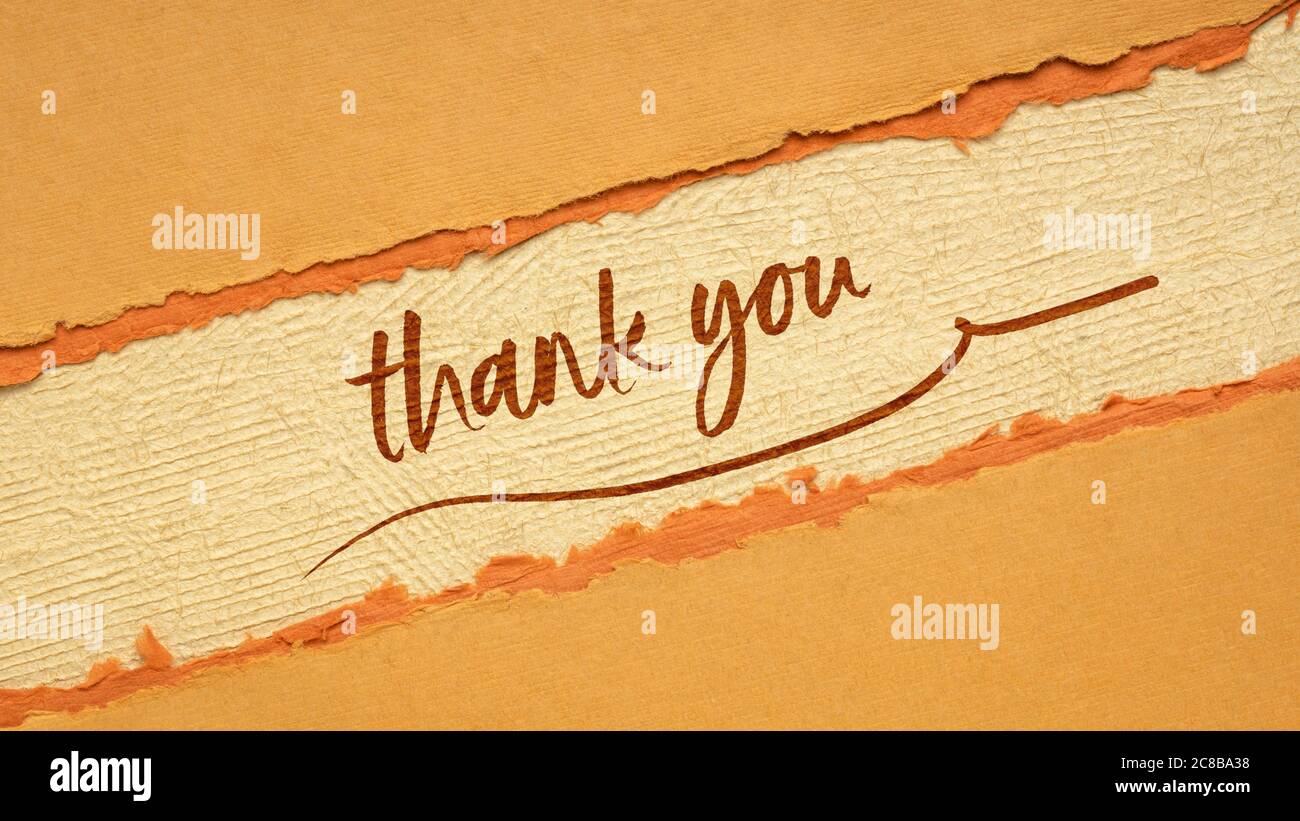 thank you handwriting on a handmade paper in orange and brown tones, web banner Stock Photo