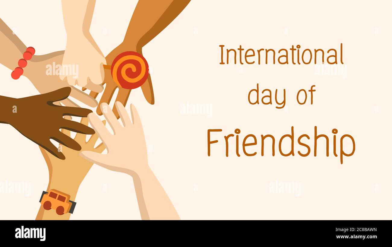 International day of friendship concept. Hands of children from multiethnicity gathering together indicating friendship, bonding and love.Vector image Stock Vector