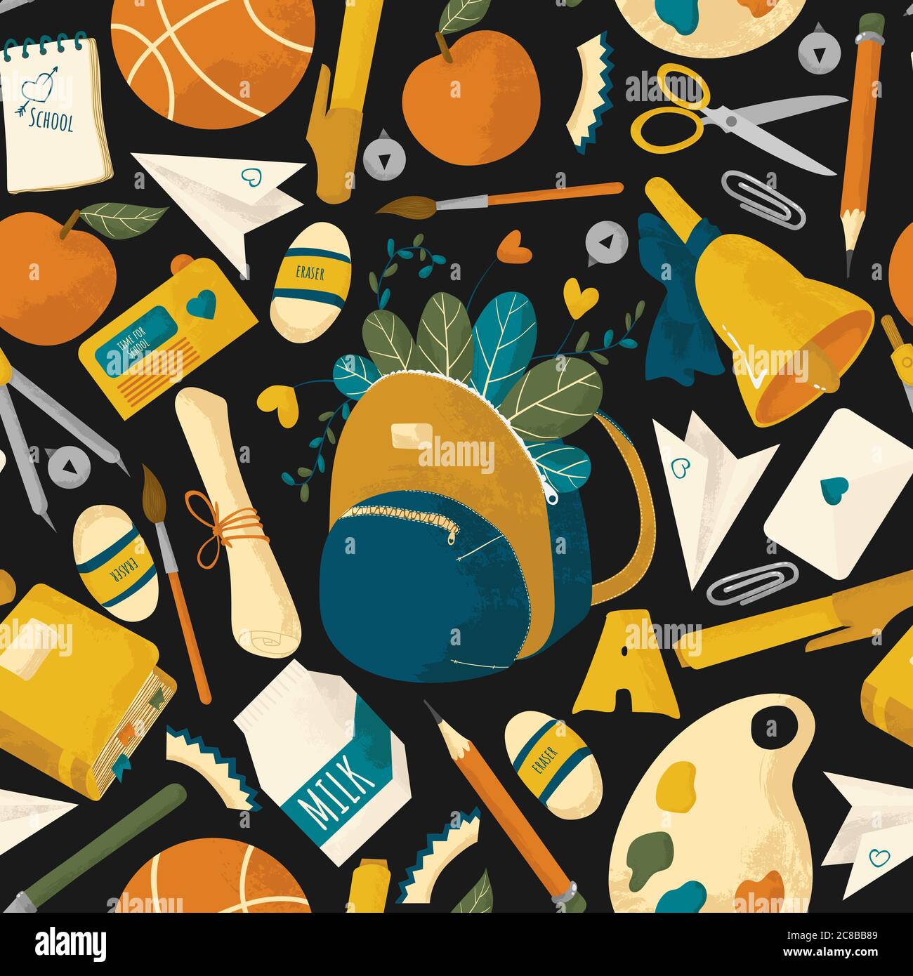 School supplies vector seamless pattern with texture. Back to school ...