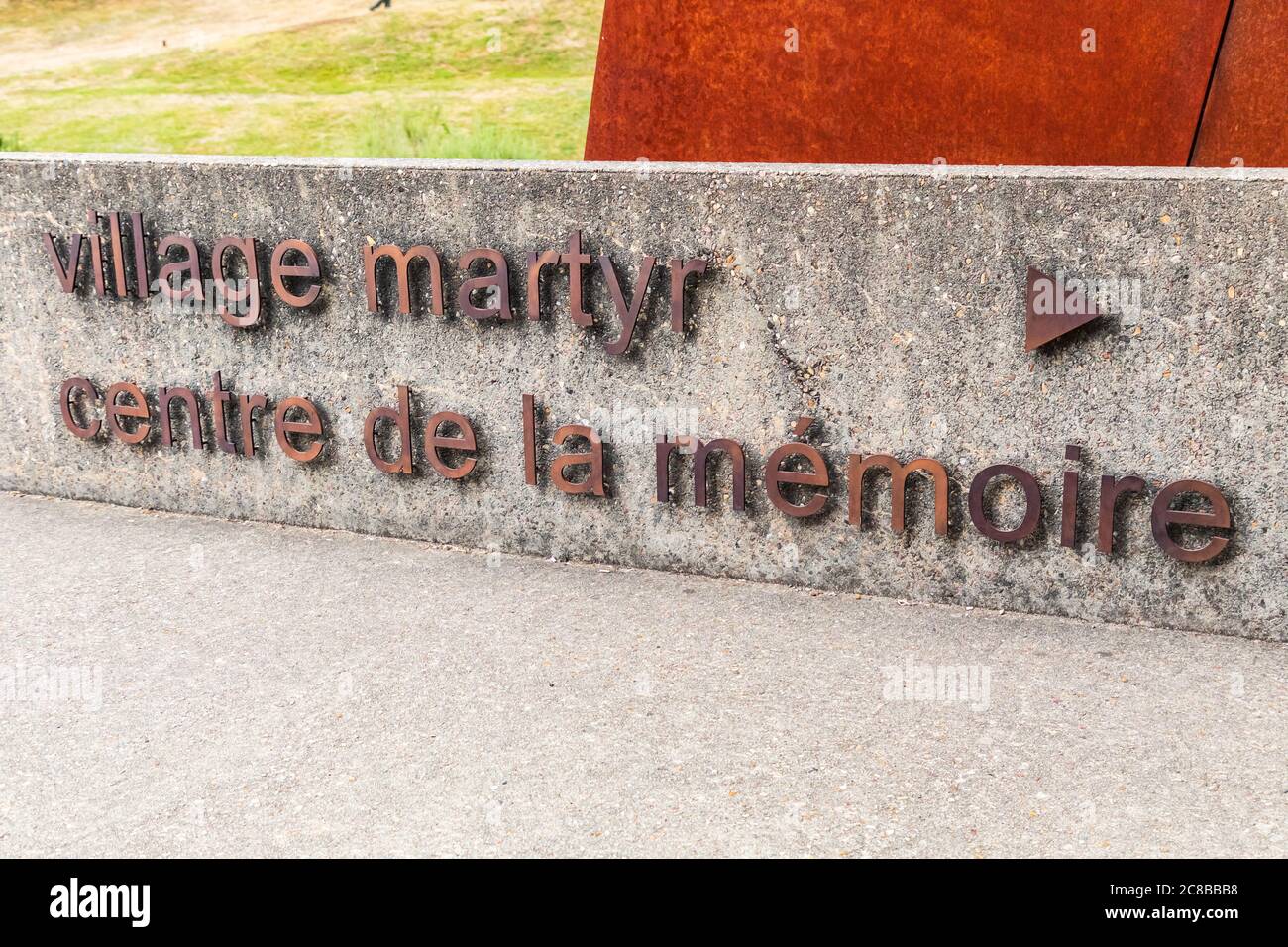 Europe, France, Haute-Vienne, Oradour-sur-Glane. Sept. 5, 2019. Entrance sign at the Memorial Center at the martyr village of Oradour-sur-Glane. Stock Photo