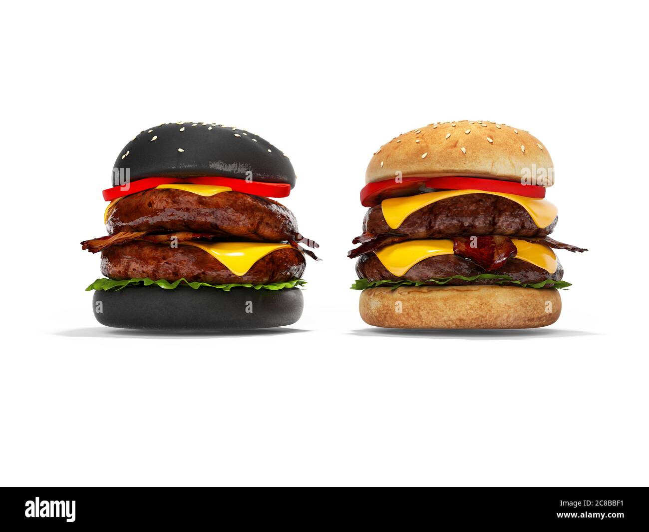 Black hamburger and white 3D hamburger render on white background with