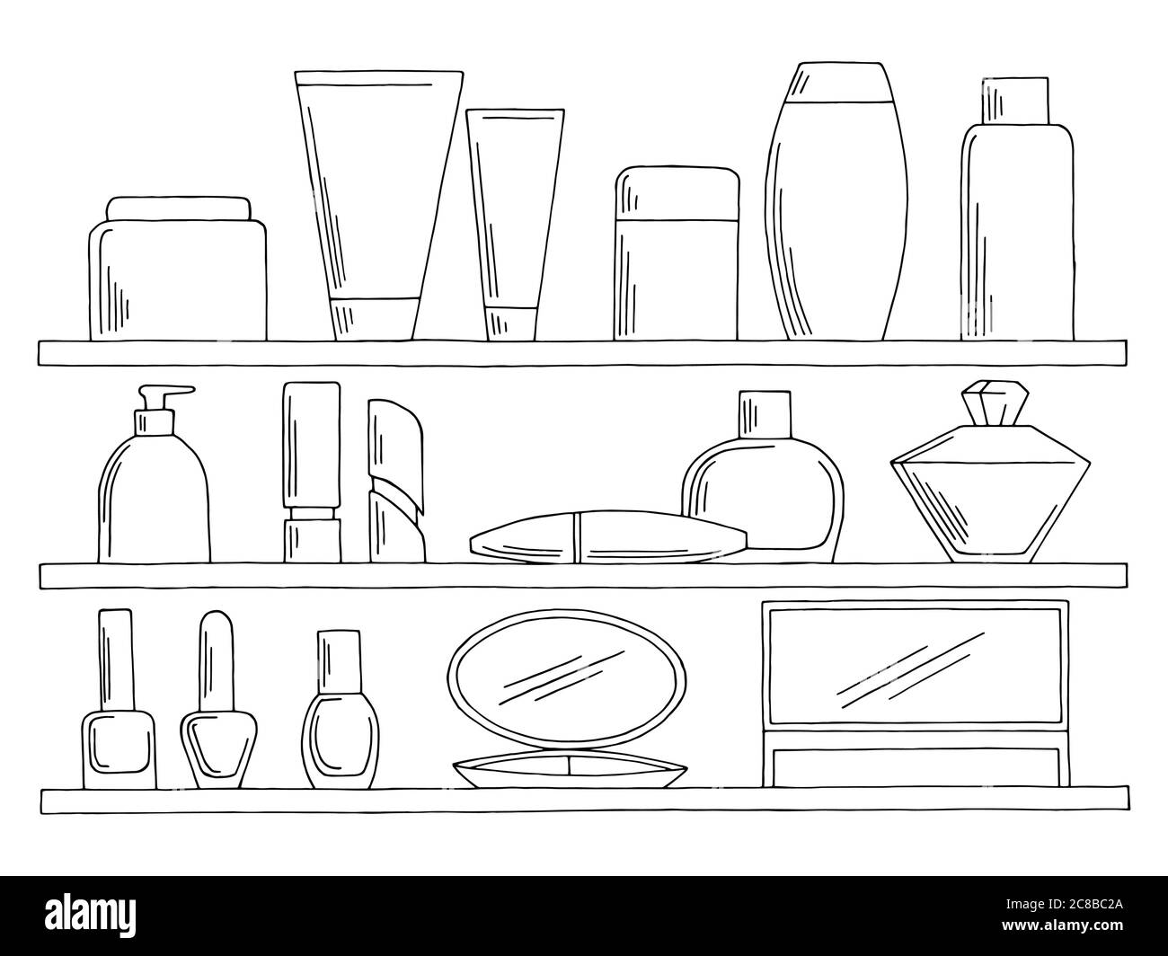Shelves set graphic black white isolated sketch cosmetics store