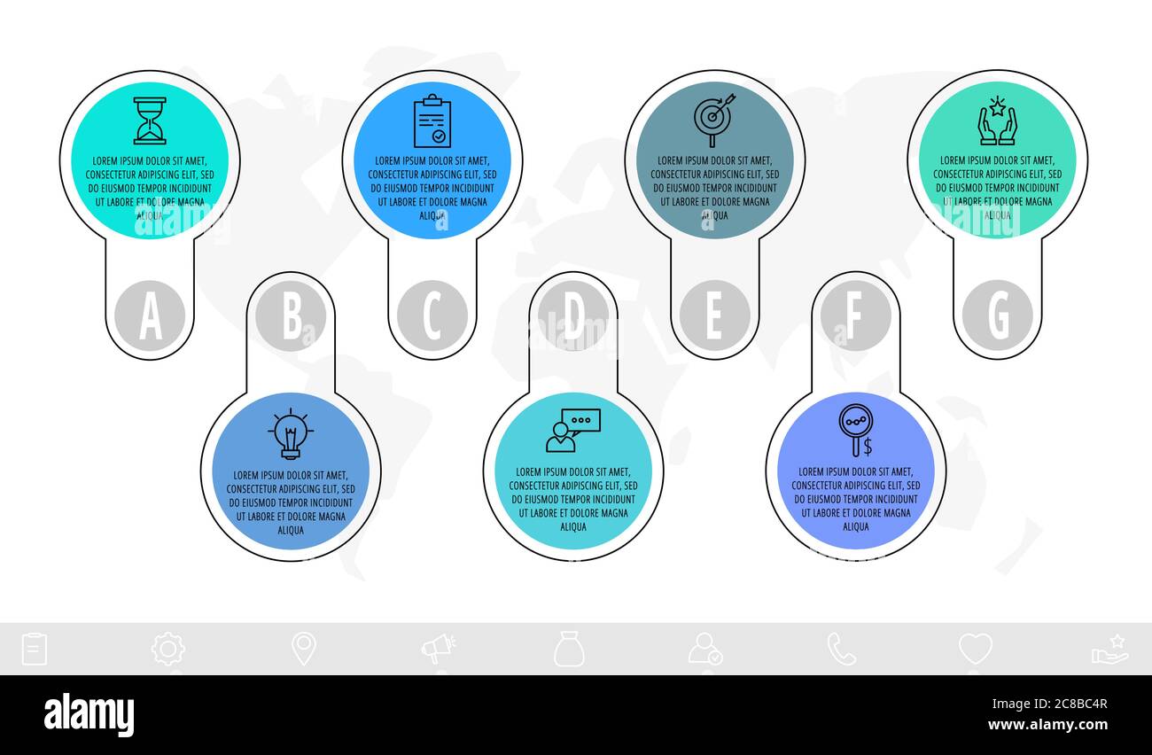 Infographics circles with 7 steps, icons. Flat line vector template ...