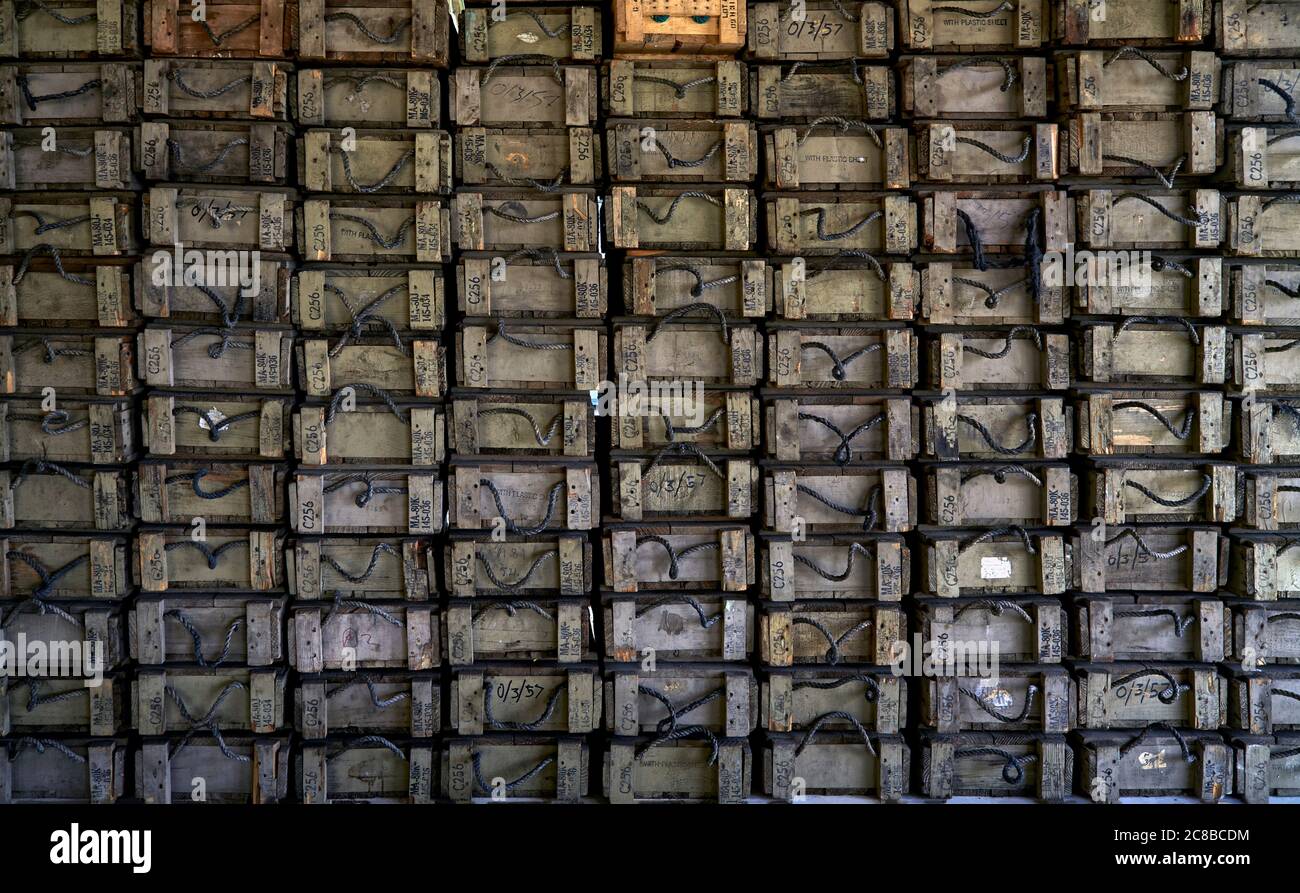Ammunition boxes WW2 American wooden munitions containers Stock Photo