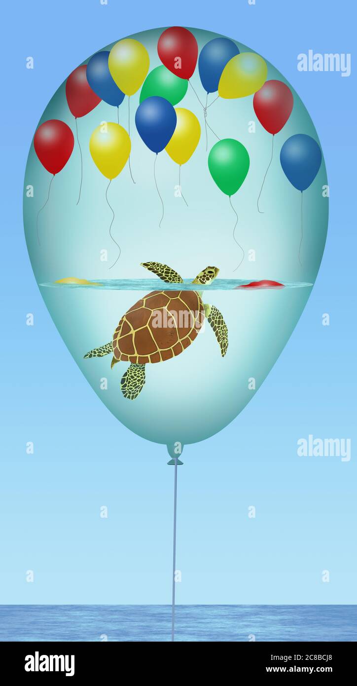 A helium balloon is seen with a green sea turtle inside and other balloons in this 3-D illustration about plastics and man made material polluting sea Stock Photo