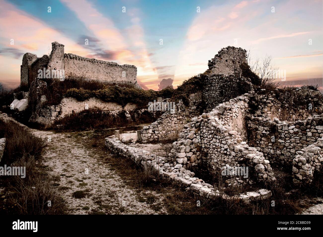 Ruin of ancient village "Alba Fucens" at sunset near Avezzano, Italy Stock Photo