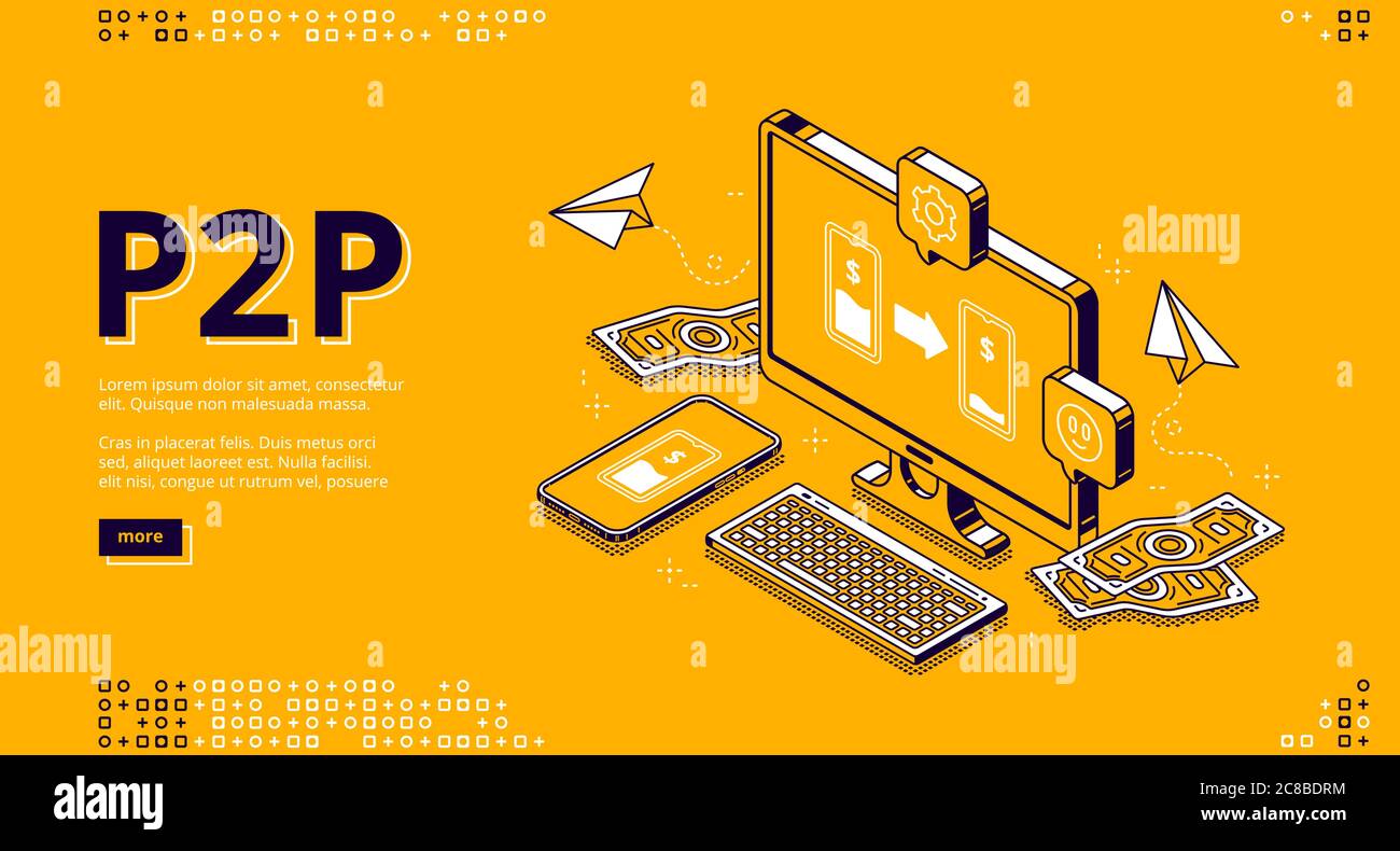 P2p isometric landing page, peer-to-peer lending, transfer money. One-rank  and client server network, business concept. Laptop and money bills around  on blue background, 3d vector line art web banner Stock Vector Image