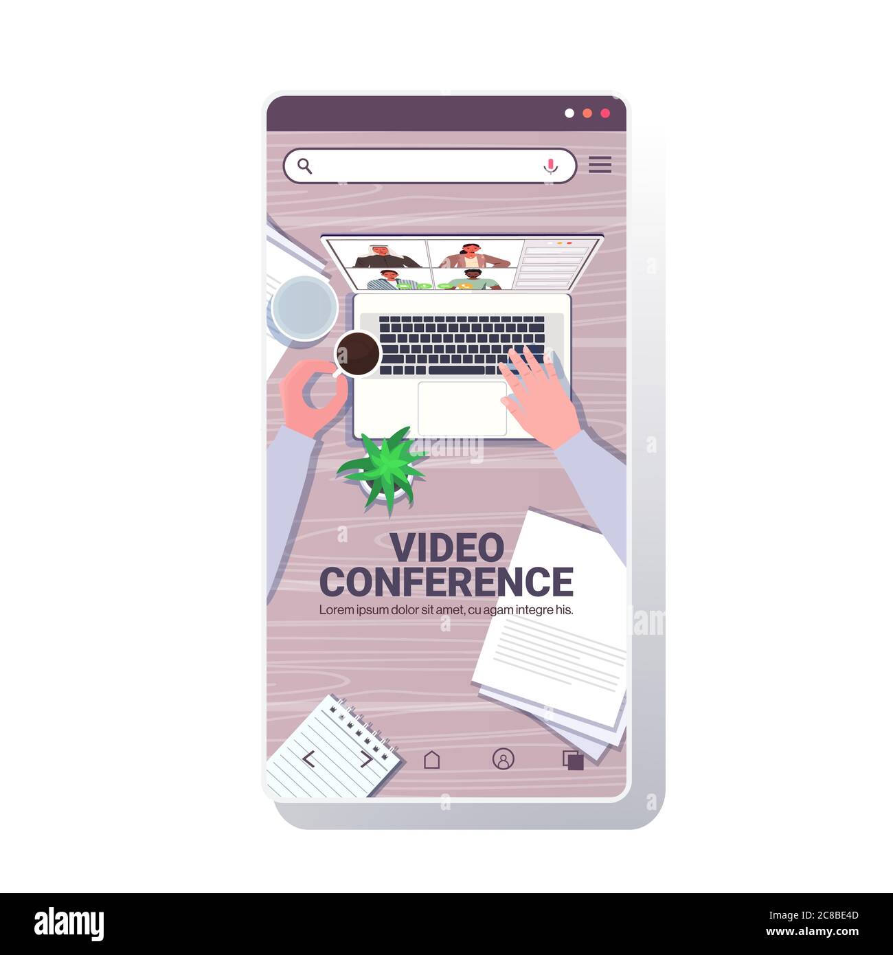 businessperson chatting with mix race colleagues during video call business people having online conference meeting communication concept smartphone screen copy space vector illustration Stock Vector