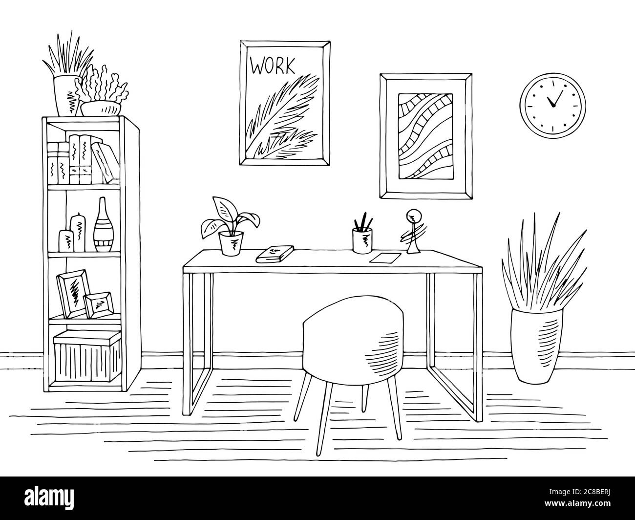 Home office graphic black white interior sketch illustration vector ...