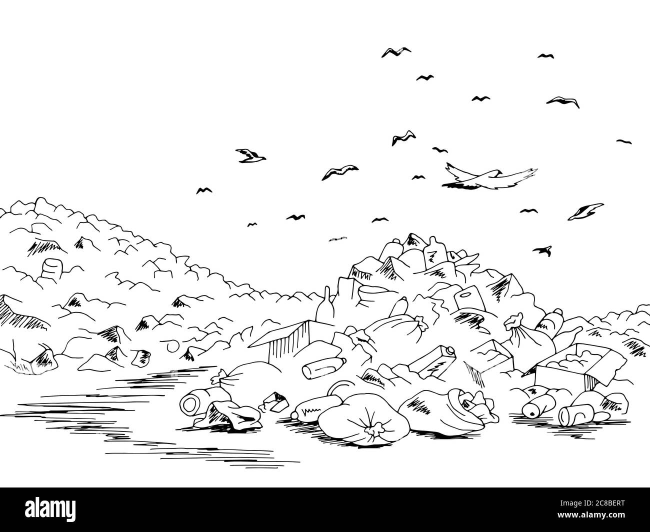 Landfill trash ecology problem graphic black landscape sketch illustration vector Stock Vector