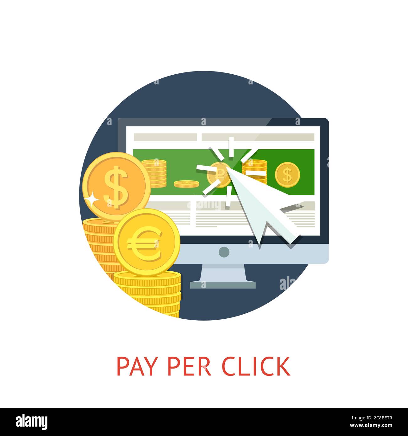 Flat concept icon of pay per click ppc internet advertising model when the ad is clicked. Isolated on white background. Vector illustration for your d Stock Vector