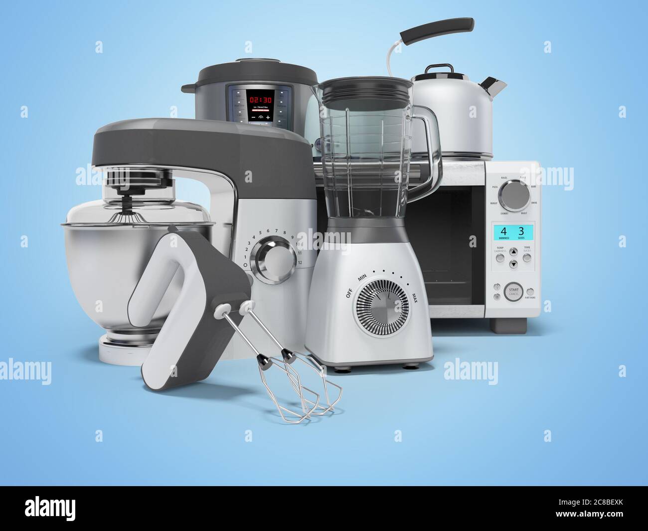 Kitchen Appliance Concept. Modern Multicolour Electric Blenders on a white  background. 3d Rendering Stock Photo - Alamy