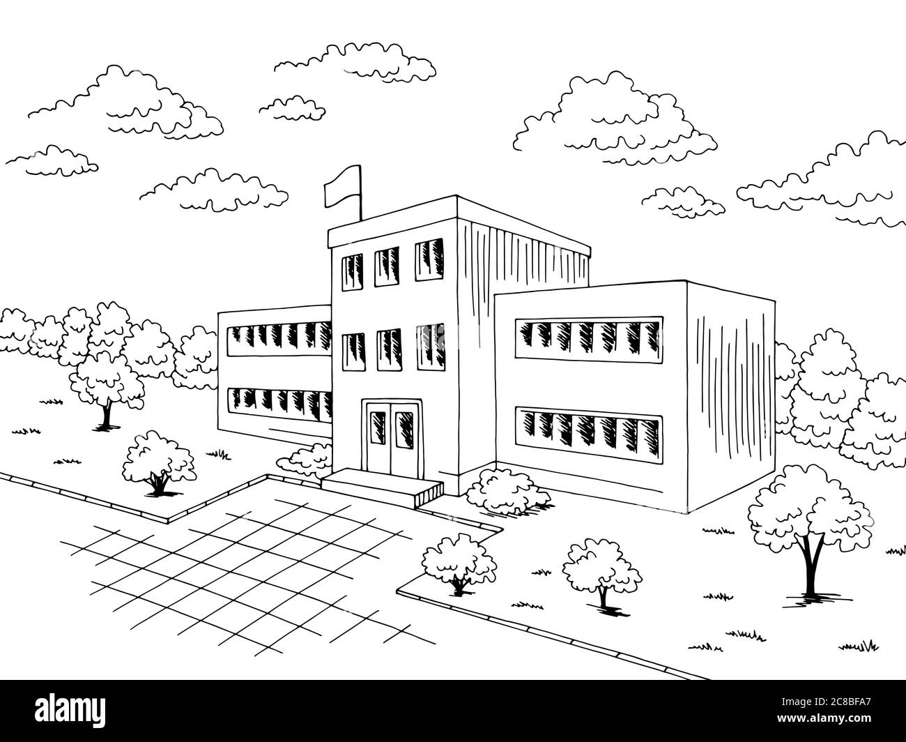 School building exterior graphic black white sketch illustration vector Stock Vector