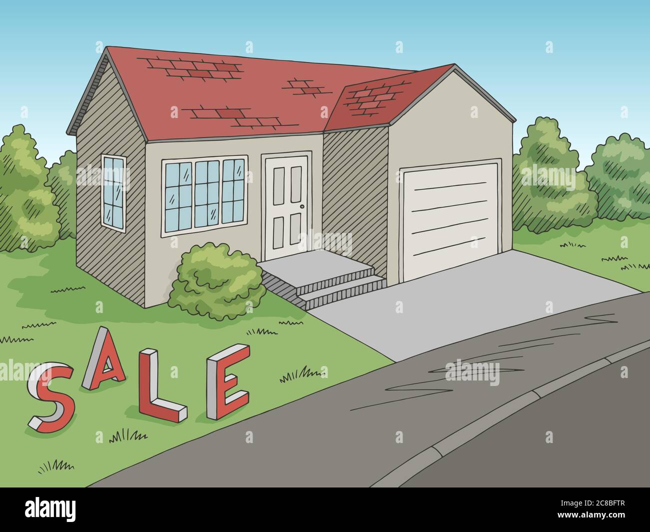 House for sale exterior graphic color sketch illustration vector Stock Vector
