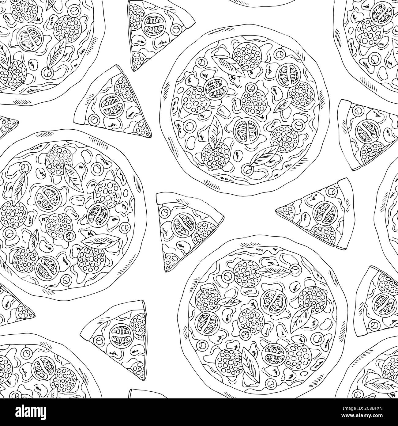 Pizza graphic fast food black white seamless pattern background sketch illustration vector Stock Vector