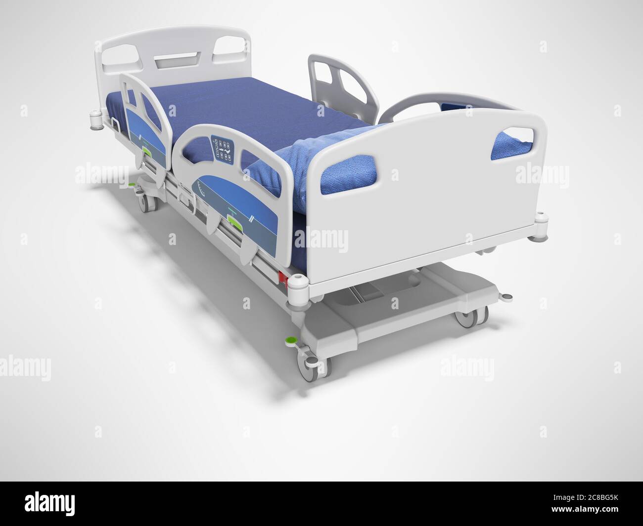 Modern hospital bed with lifting mechanism on the control panel 3d render  on gray background with shadow Stock Photo - Alamy