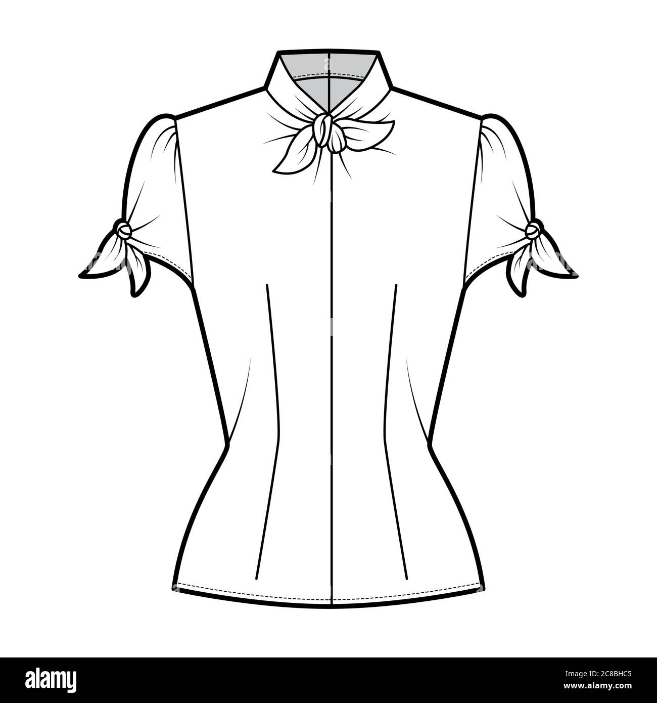 Knotted cutout blouse technical fashion illustration with high neckline, puffed volume sleeves, back zip fastening. Flat apparel template front, white color. Women men unisex garment CAD mockup Stock Vector