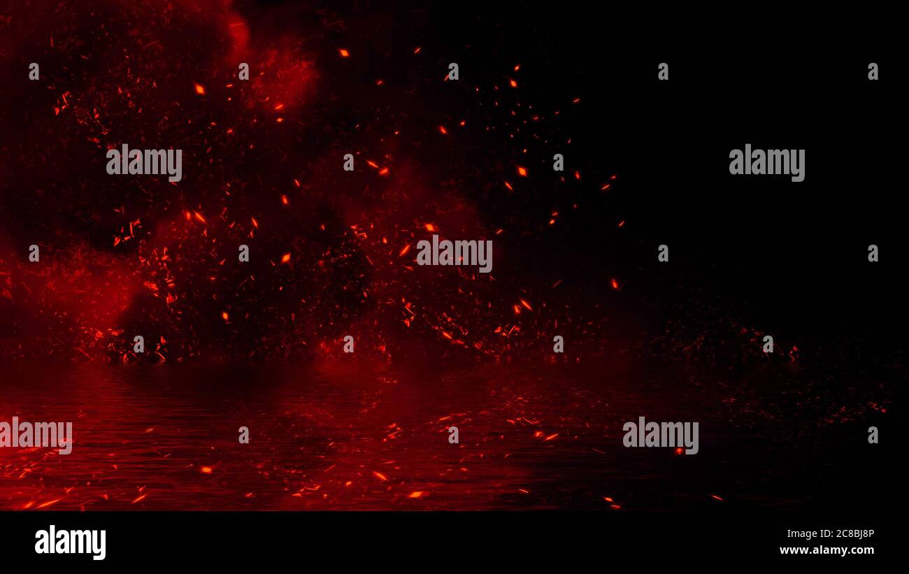 Red particles embers with reflection in water. Design texture for banner,flyer,card and poster . Stock Photo