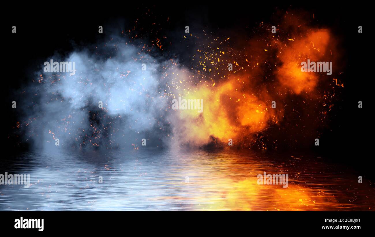 Particles embers with reflection in water. Design texture for banner,flyer,card and poster . Stock Photo