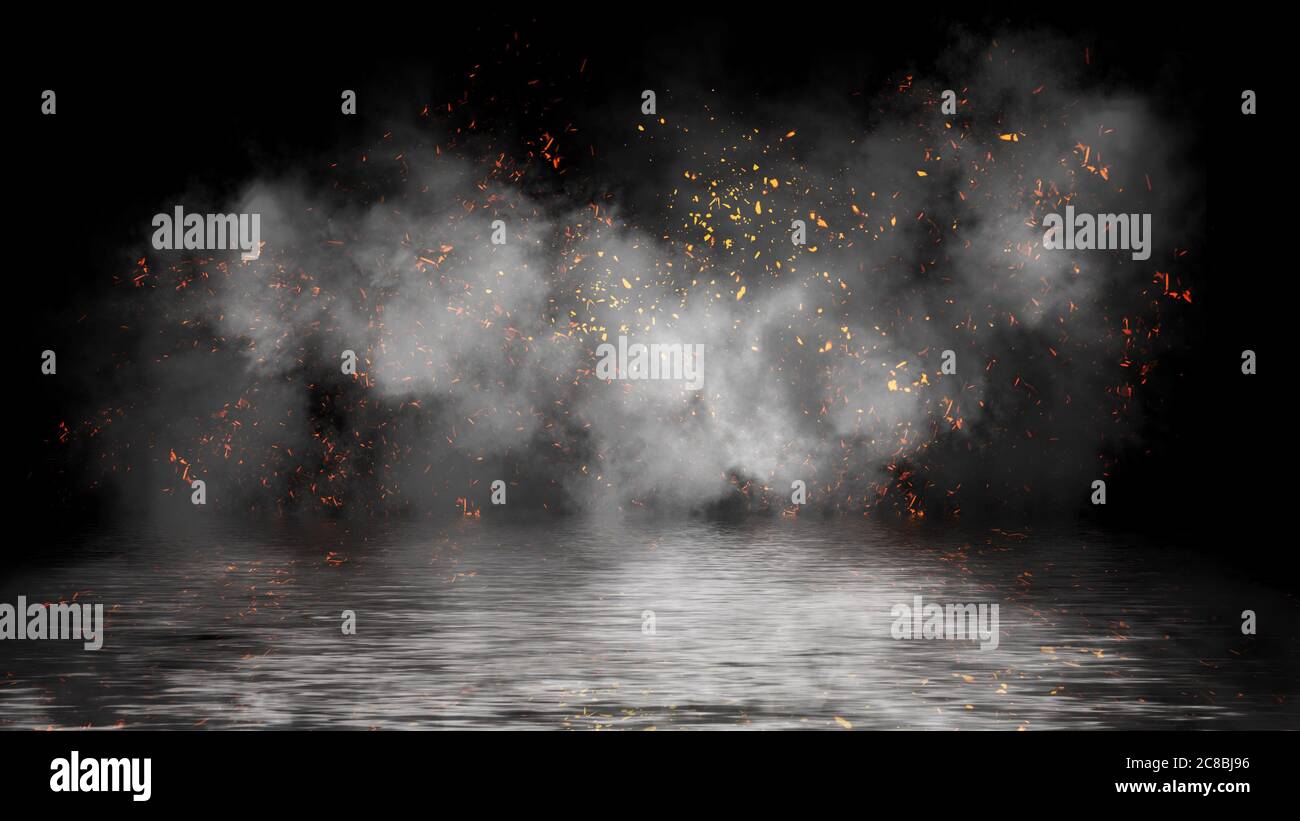 Fire embers particles with smoke texture overlays . Burn effect on water reflection Stock Photo